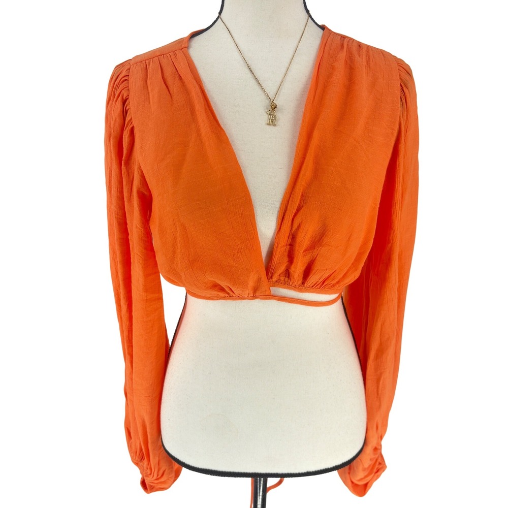 WHOIAM‎ Orange Crop Top Tie Front Long Sleeve Blouse Size 10